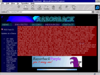Razorback on 16-bit Internet Explorer displaying a huge red banner: CIVIL AUTHORITIES IN YOUR AREA HAVE REPORTED THAT THE BODIES OF THE DEAD ARE RISING FROM THEIR GRAVES AND ATTACKING THE LIVING. FOLLOW THE MESSAGES ON SCREEN THAT WILL UPDATED AS INFORMATION BECOMES AVAILABLE. DO NOT ATTEMPT TO APPROACH OR APPREHEND THESE BODIES AS THEY ARE CONSIDERED EXTREMELY DANGEROUS. I REPEAT, CIVIL AUTHORITIES IN YOUR AREA HAVE REPORTED THAT THE BODIES OF THE DEAD ARE RISING FROM THEIR GRAVES AND ATTACKING THE LIVING. FOLLOW THE MESSAGES ON SCREEN THAT WILL UPDATED AS INFORMATION BECOMES AVAILABLE. DO NOT ATTEMPT TO APPROACH OR APPREHEND THESE BODIES AS THEY ARE CONSIDERED EXTREMELY DANGEROUS. THIS WARNING APPLIES TO ALL AREAS RECEIVING THIS BROADCAST. TUNE IN TO 920 AM TO GET UPDATED INFORMATION IN THE EVENT THAT YOU ARE SEPARATED FROM YOUR TELEVISION OR IF ELECTRICAL SERVICE IS INTERRUPTED. CIVIL AUTHORITIES IN YOUR AREA HAVE REPORTED THAT THE BODIES OF THE DEAD ARE RISING FROM THEIR GRAVES AND ATTACKING THE LIVING. FOLLOW THE MESSAGES ON SCREEN THAT WILL UPDATED AS INFORMATION BECOMES AVAILABLE. THIS STATION WILL NOW CEASE TRANSMISSION, SO PLEASE USE YOUR BATTERY-POWERED RADIO TUNED IN TO 920 AM FOR INFORMATION.